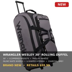Wrangler 30" Wesley Rolling Duffle Bag — Charcoal — New