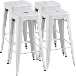 Set of 4 White 30" Metal Bar Stools – Stackable Backless Counter Height Chairs