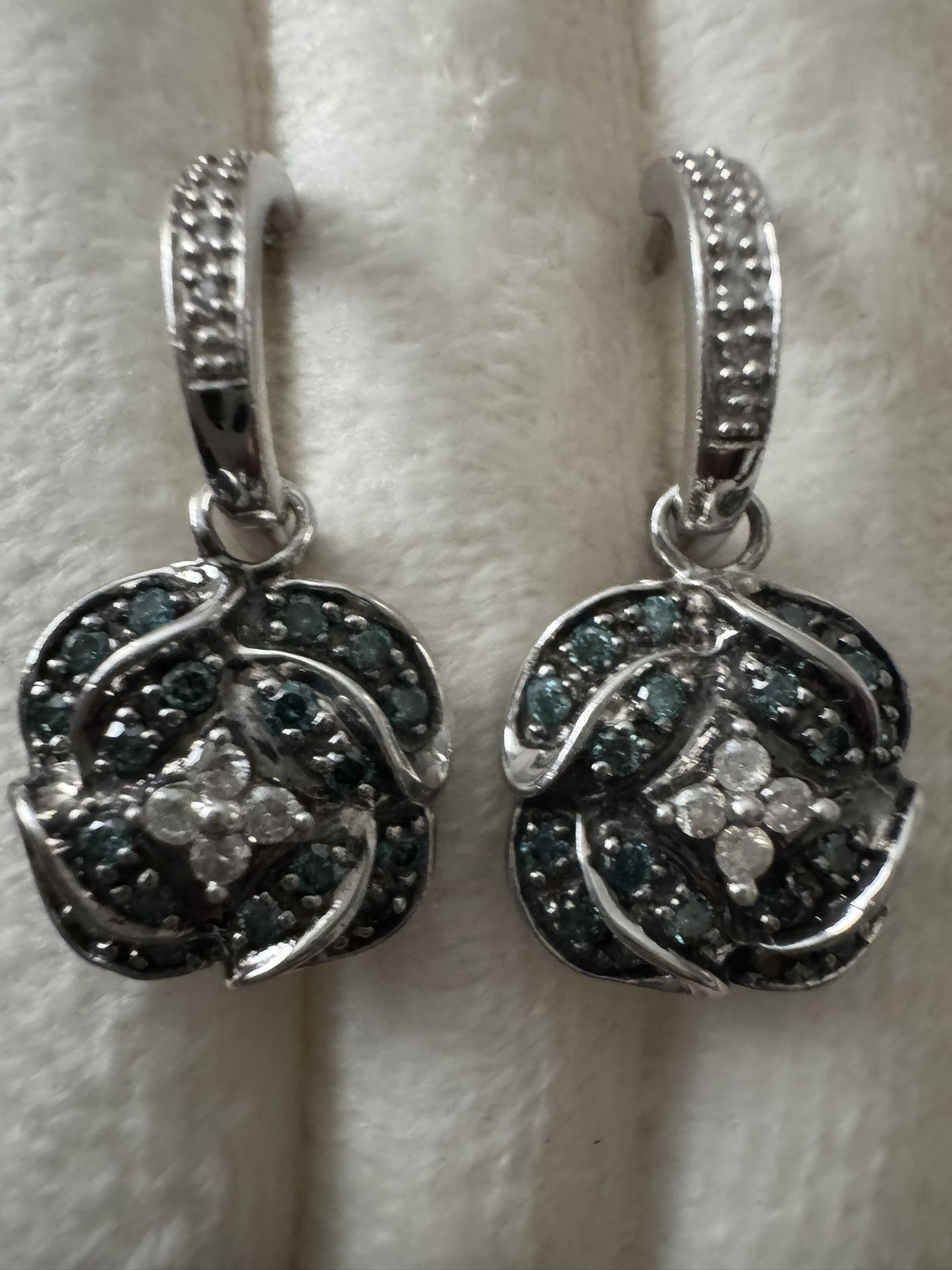 Sterling Silver ~3/4CTW Blue & White Diamond Flower Dangle Earrings ~1"