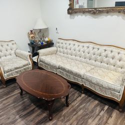 Vintage Tufted Sofa & Armchair Set – Solid Wood Frame – Pickup Only