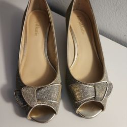 Beautiful Kelly & Katie Silver  Metallic Peep toes with bow, 1.5" Wedge heel Pumps, size 7.5.
Classic style open toe pump with lots of sparkles.