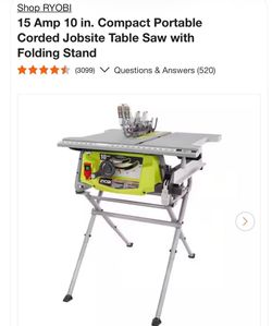 RYOBI TABLE SAW WITH FOLDING STAND  15 Amp 10 in. Compact Portable Corded Jobsite Table Saw with Folding Stand