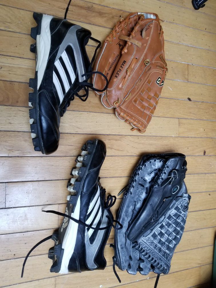 Mizuno gloves (medium and large). Size 12 Adidas cleats.