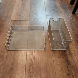 silver-colored metal mesh wire organizers -flat paper tray, rectangular storage basket, good condition