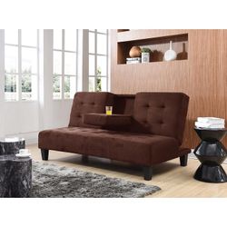 Brand new brown/gray/black sofa futon with cup holders (71" x 45" x 16"H)