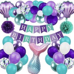 Mermaid Birthday Decorations Girls Little Mermaid Party Balloons Kit with Happy Birthday Banner Tail and Shell Foil Balloons Purple Green Pompom