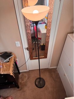 Two Floor Lamps – Black Metal Torchiere Style with White Shade – Good Condition
