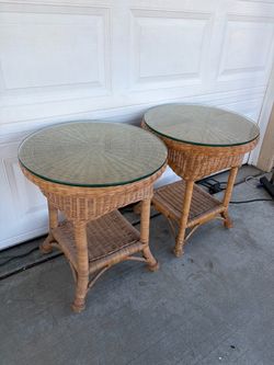 Patio Pair of Wicker Round Side Tables with Glass Tops