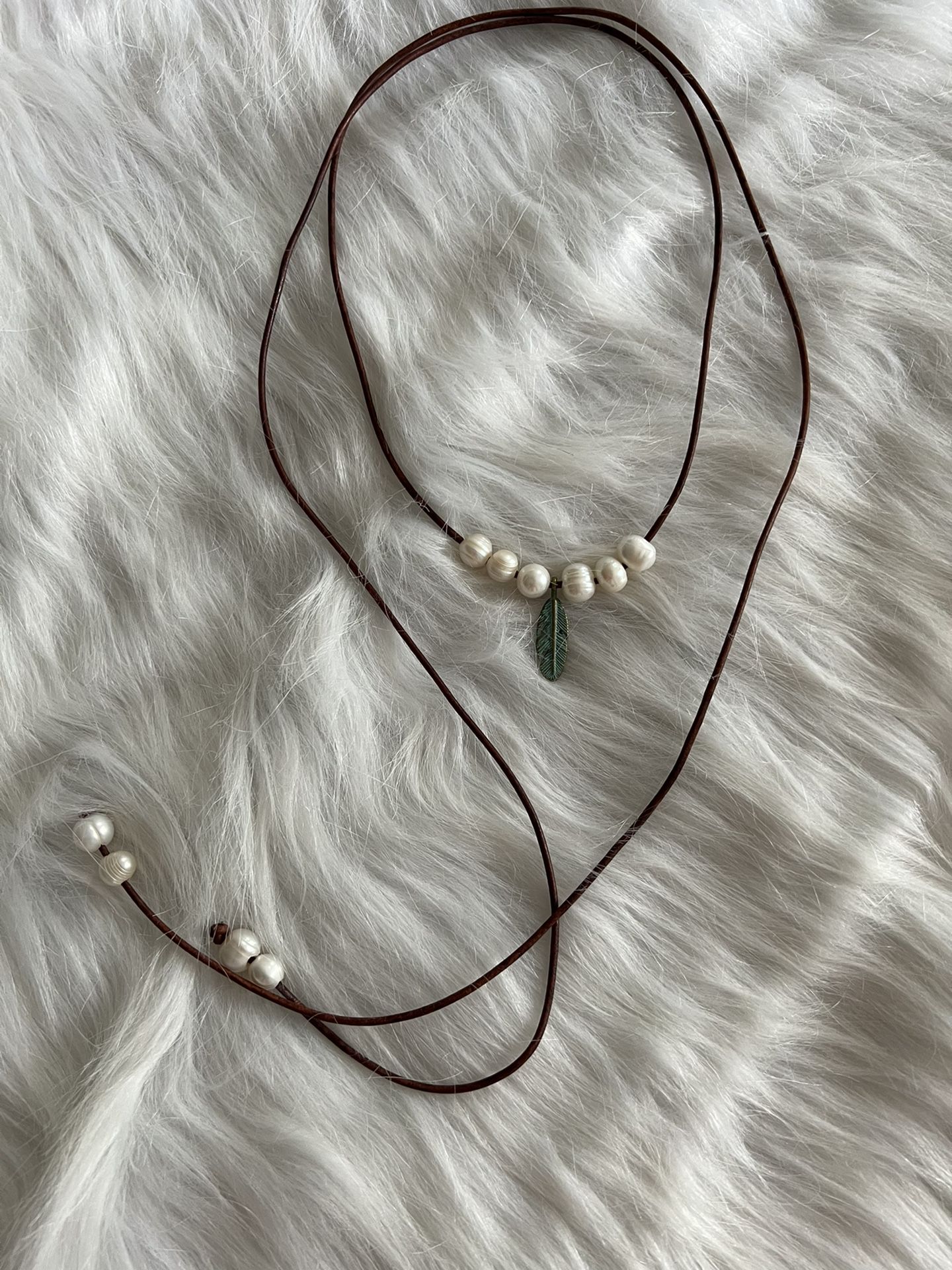Leather Choker With Freshwater Pearls And verdigris Patina Feather pendant