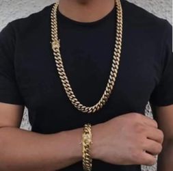 14MM Cuban Set 14K Gold Plated Doesn't Loses Color