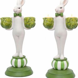 Bunny Candle Holders Set of 2, Hand-Painted Rabbit Figurines Home Decor, Taper Candlestick Holders Centerpiece, Vintage Resin Decorations for Dining R