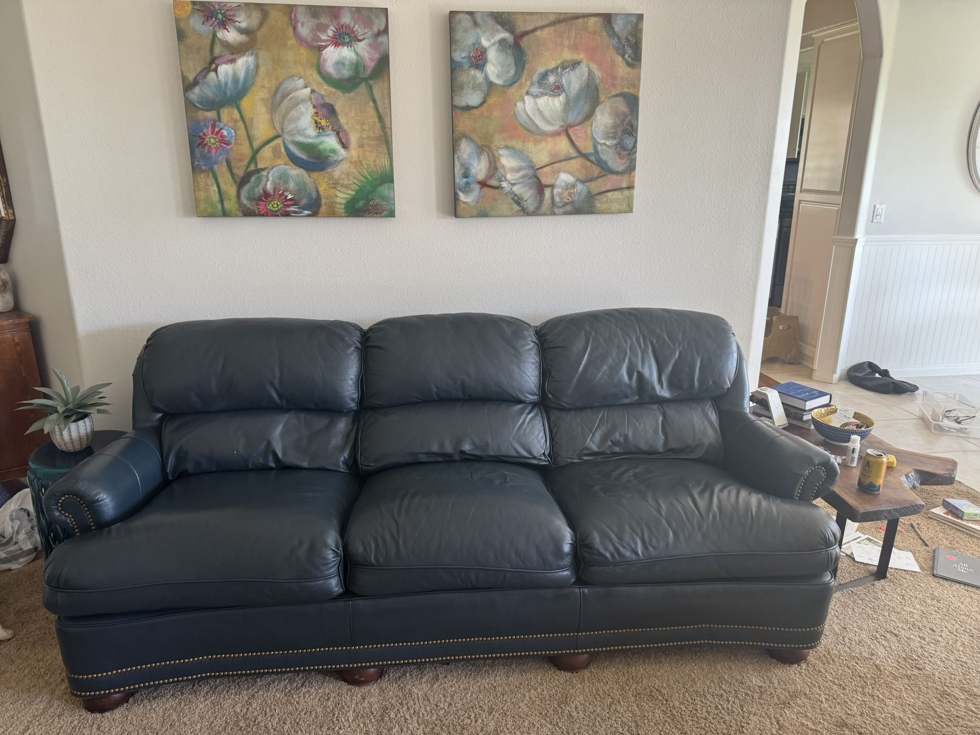 Gorgeous Hancock and Moore Dark blue Leather Sofa And Chair