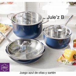 Juego De Ollas Y Sartén De 6 Qts De 3 Qts Y Sartén De 10” Azul Nuevas En Su Caja 