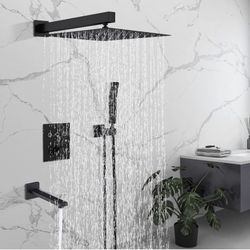 Shower System Matte Black Shower Faucet Set, 10 Inches Rain Shower Head with Handheld Spray Thermostat Bathroom Wall Mounted Shower Fixtures with Bras