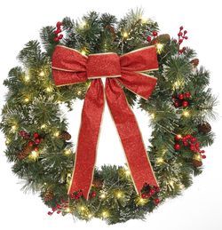 Christmas Wreath Front Door Wreath - 24 Inch Pre-Lit Outdoor Wreaths for Front Door Battery Operated 55 White Lights Bulbs Christmas Decoration Wall W