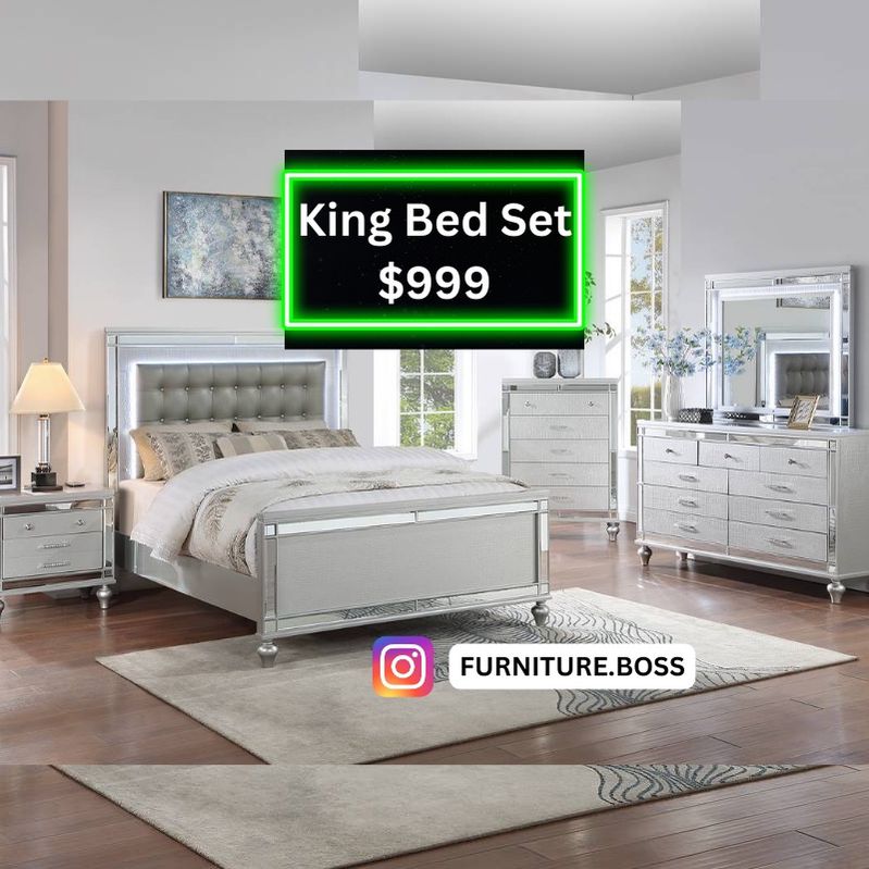 Glam Bedroom Furniture- 4pc King Bed +Dresser+Mirror+Nightstand $999
