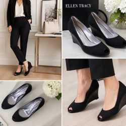 Ellen Tracy Dress Pumps Womens 8.5 Black Peep Toe Wedge Heels Stretch Fabric