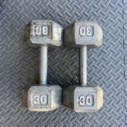 30lb Cast Iron Hex dumbbell set dumbbells 30 lb lbs 30lbs Weight Weights 60lbs total Workout Weightlifting