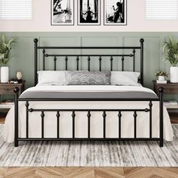 14'' King Size Metal Platform Bed Frame, Vintage Headboard, Black 50'' Tall Victorian Headboard/Footboard/Mattress Foundation/Under Bed Storage/No Box