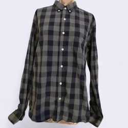 Old Navy Button Up Shirt Men's L Slim Brown Black Checkered Plaid 100% Cotton