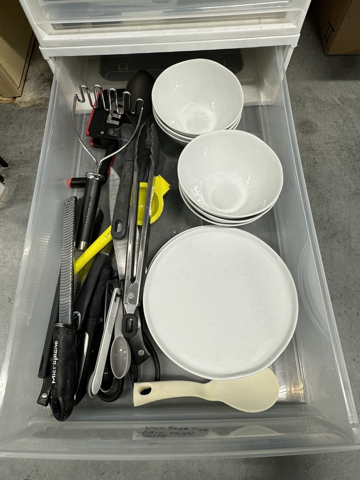 Crate and Barrel White Porcelain Plates & Bowls + Kitchen Cookware + Knifes + Knife Sharpener and more