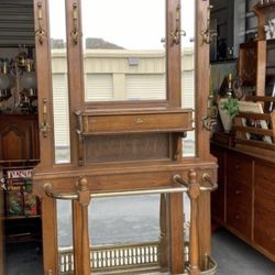 1900's Mirrored Hall Tree Coat Rack with Storage