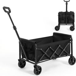 Folding Wagon Cart with Wheels, 70L Heavy Duty Foldable Utility Wagon, Portable Grocery Cart for Camping, Sports, Garden, Beach, Shopping, Black