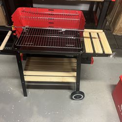 Sahare Steel Rectangular Bbq Grill With 4 Legs,Tyre And Wooden Rack Red / Black