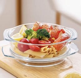 New medium size borosilicate glass bowl with lid (can be used as plate, tray, baking pan)