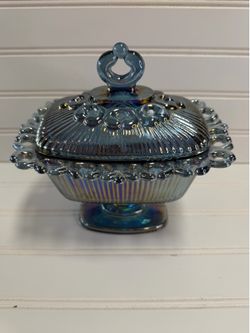 Vintage Indiana Carnival Glass Iridescent Blue, Lace Edged Lidded Candy Dish