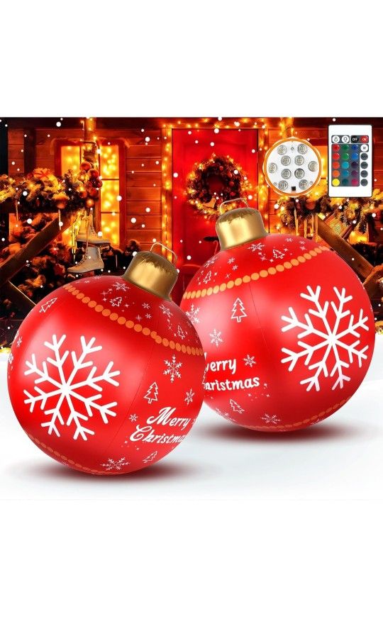 2 Pcs 32 Inch Light up PVC Giant Inflatable Christmas Ball Large PVC Decorated Ball Blow Up Christmas Inflatables Ornaments Outdoor Holiday Yard