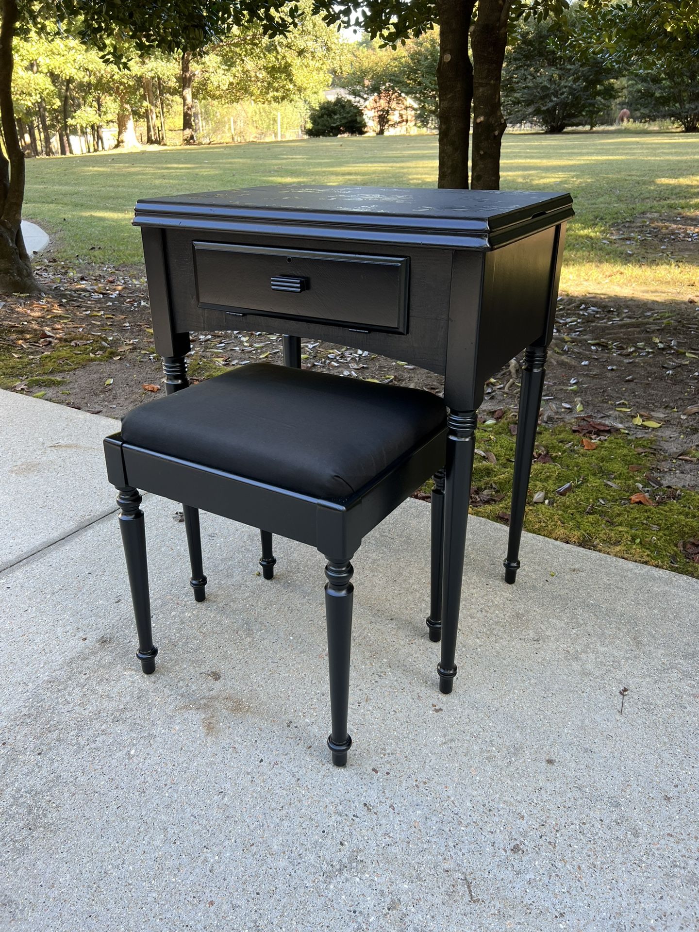 Upcycled Vintage Gothic Wednesday Farmhouse Sewing Table Desk Vanity and Stool