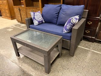 HAMPTON BAY Chocolate Wicker Outdoor Sofa & Textured Glass Coffee Table (Set of 2)
