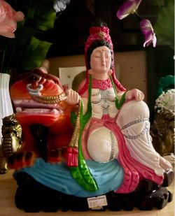Vintage Guanyin Riding Foo Lion Figurine
