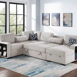 Brand New Beige Sectional Sofa Storage Sleeper 
