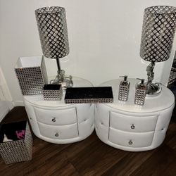 White Leather End Tables With Lamps & Accessories 