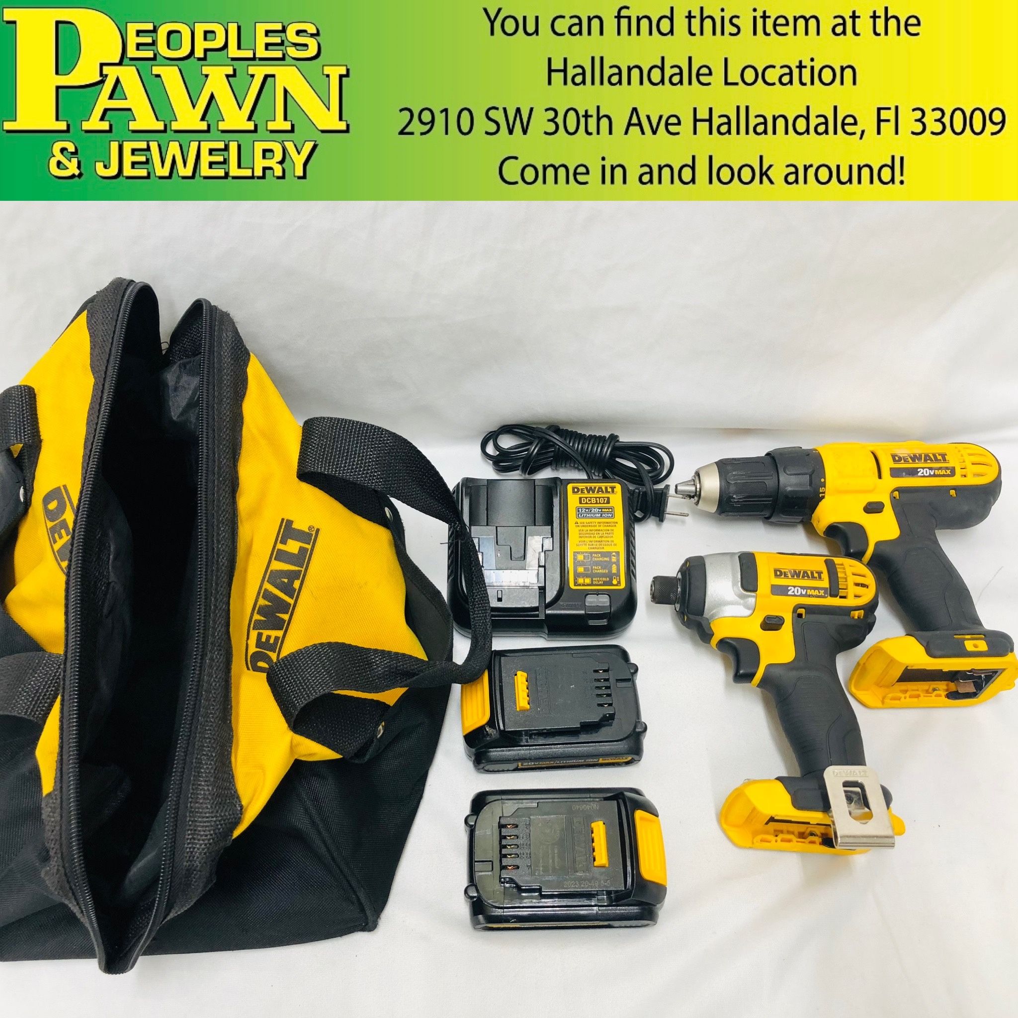 DeWalt 20V MAX Impact/Driver Drill Kit w/2 Batteries, Charger & Bag