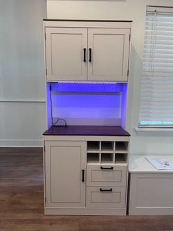 Rackcog Farmhouse 72" Tall Kitchen Pantry Cabinet with Charging Station, Coffee Bar Cabinet with Hutch and LED Light