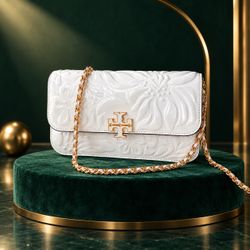 Tory Burch White Embossed Floral Chain Shoulder Bag