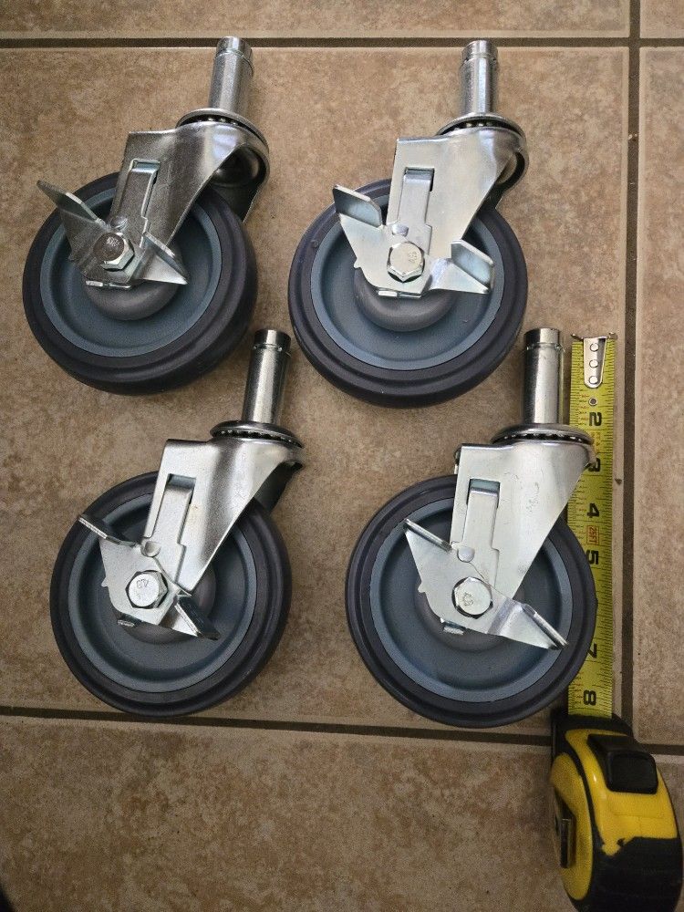 4 NEW Swivel Casters Set with Brakes Rubber 5" Wheel, 3/4" Stem, 8" Tall, Chrome Steel Super Heavy Duty Industrial