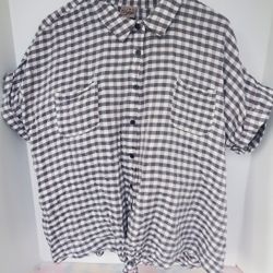 COMO VINTAGE Womens 3X Plaid Gingham Knot Front Button Up Short Sleeve Top Gray
