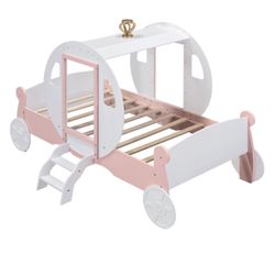 Linique Twin Size Princess Carriage Bed with Crown, Wood Platform Car Bed Frame with Stair, White+Pink