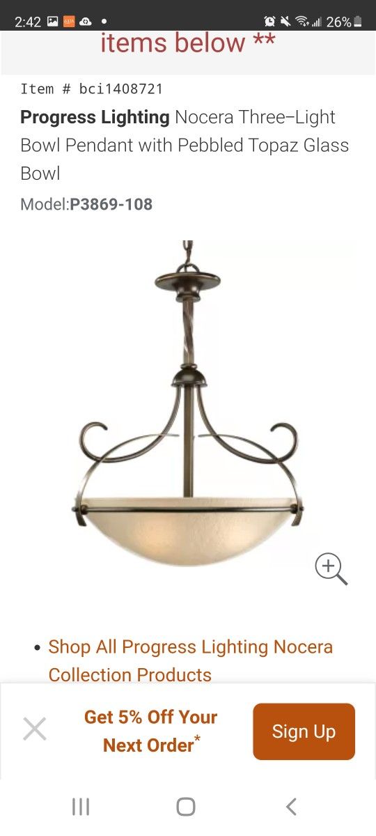 Progress Lighting Chandelier W/ 3 Mini Pendants