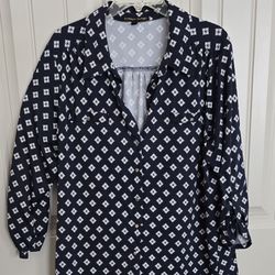 Lovely Navy Blue & White, Button Down, Stretchy Blouse-Size 2X