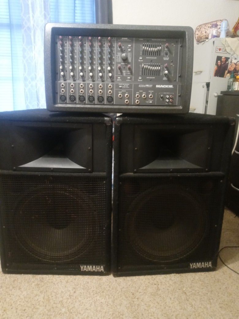 2 Yamaha 15 Speakers End 1 Mackie Powered Mixer
