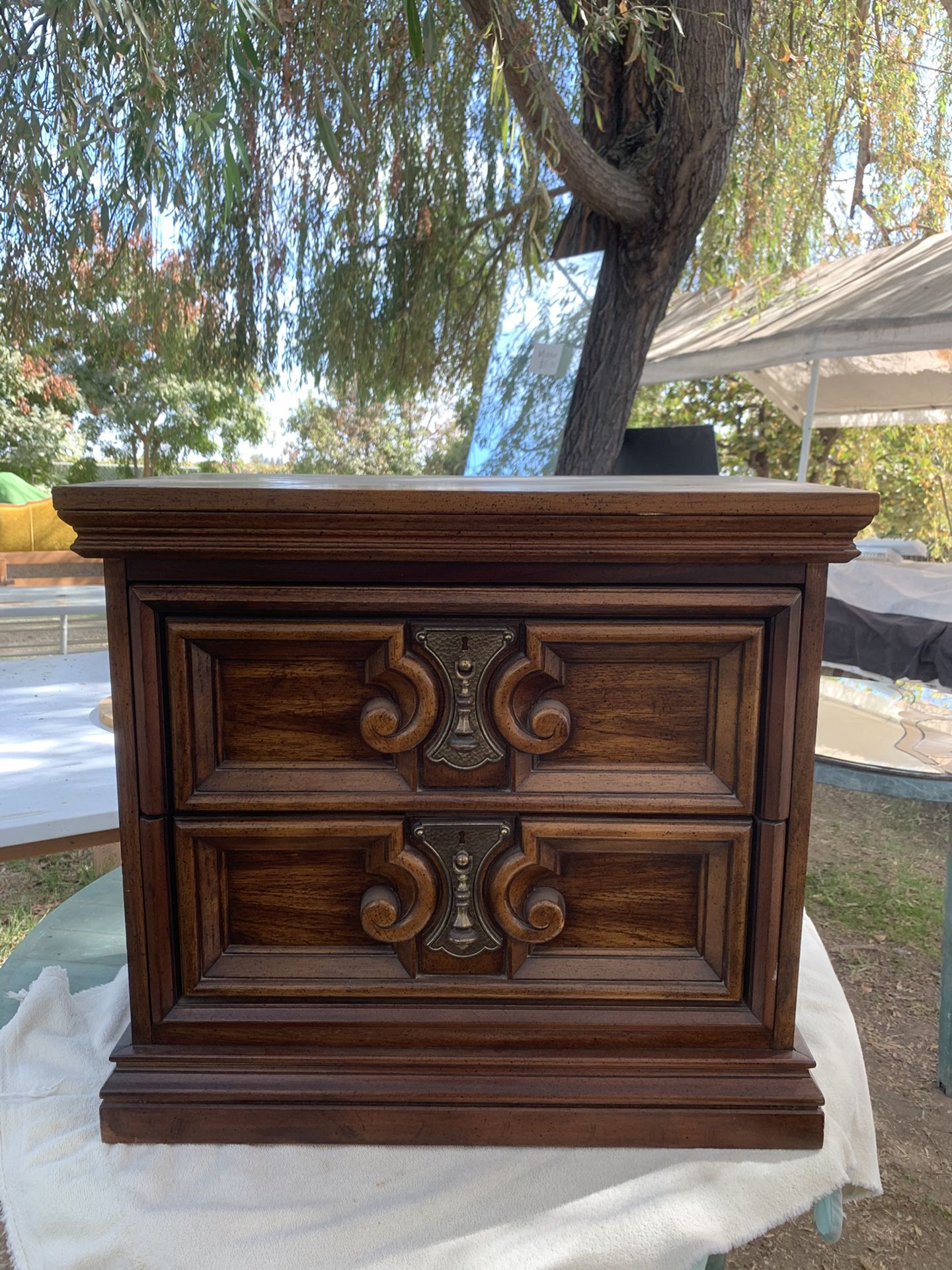 Small wood ornate end table storage cabinet