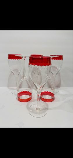 Vintage MCM Czech Crystal Cranberry Cut Dots Champagne or Wine Glasses Set of 6. Beautiful and very rare Czech Crystal thin glasses are in excellent c
