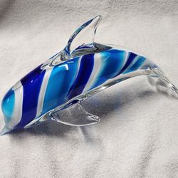 Large 12 Inch Crystal / Glass Dolphin Blue And White 5th Avenue Crystal Paperweight Gread Cond