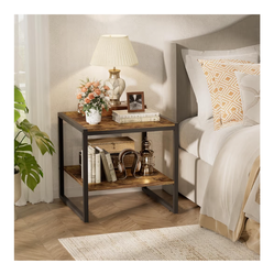 20 Inch Square End Table with 2-Tier Storage Shelves, Rustic Brown