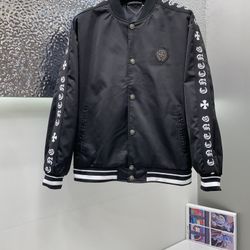 Chrome Hearts Black Leather Logo Baseball Jackets
